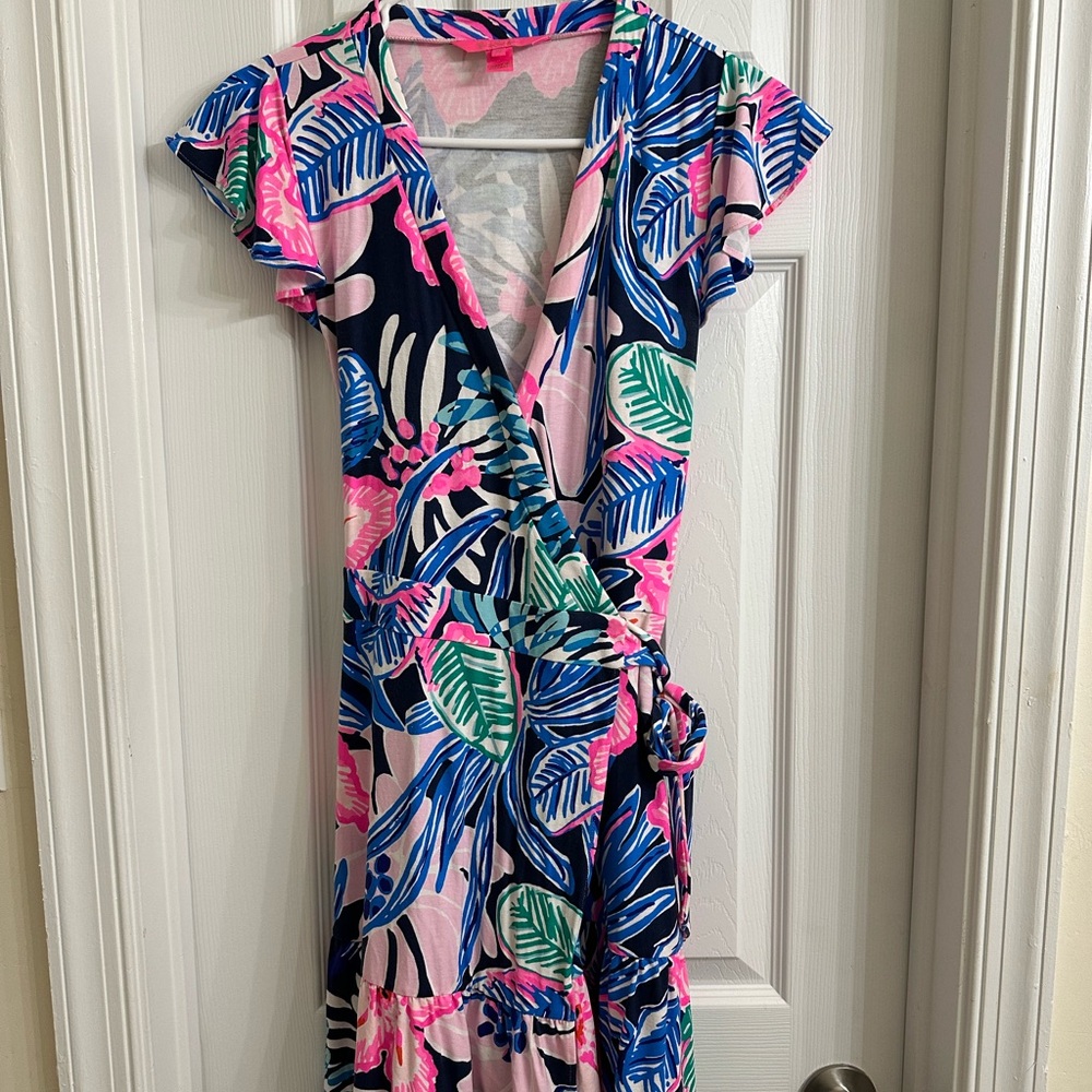 Lilly Pulitzer Pink and Blue Tropical Print Wrap Dress with Built in Shorts XS